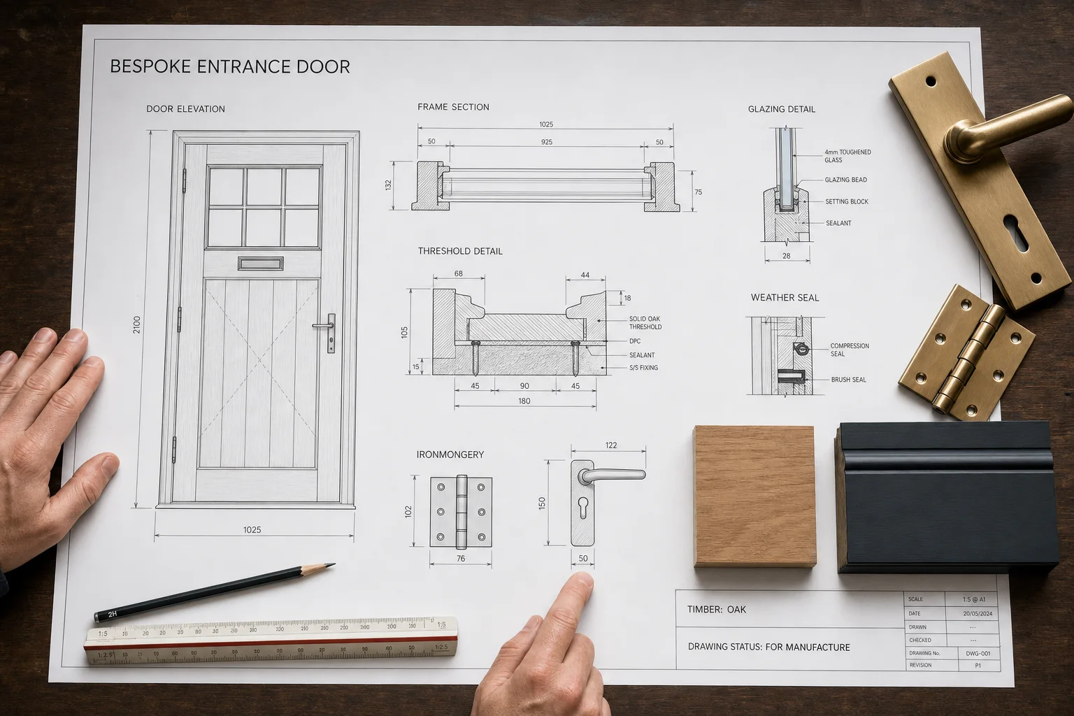 Professional manufacturing drawings for a bespoke oak entrance door showing the elevation, frame, threshold, glazing and weather-seal details