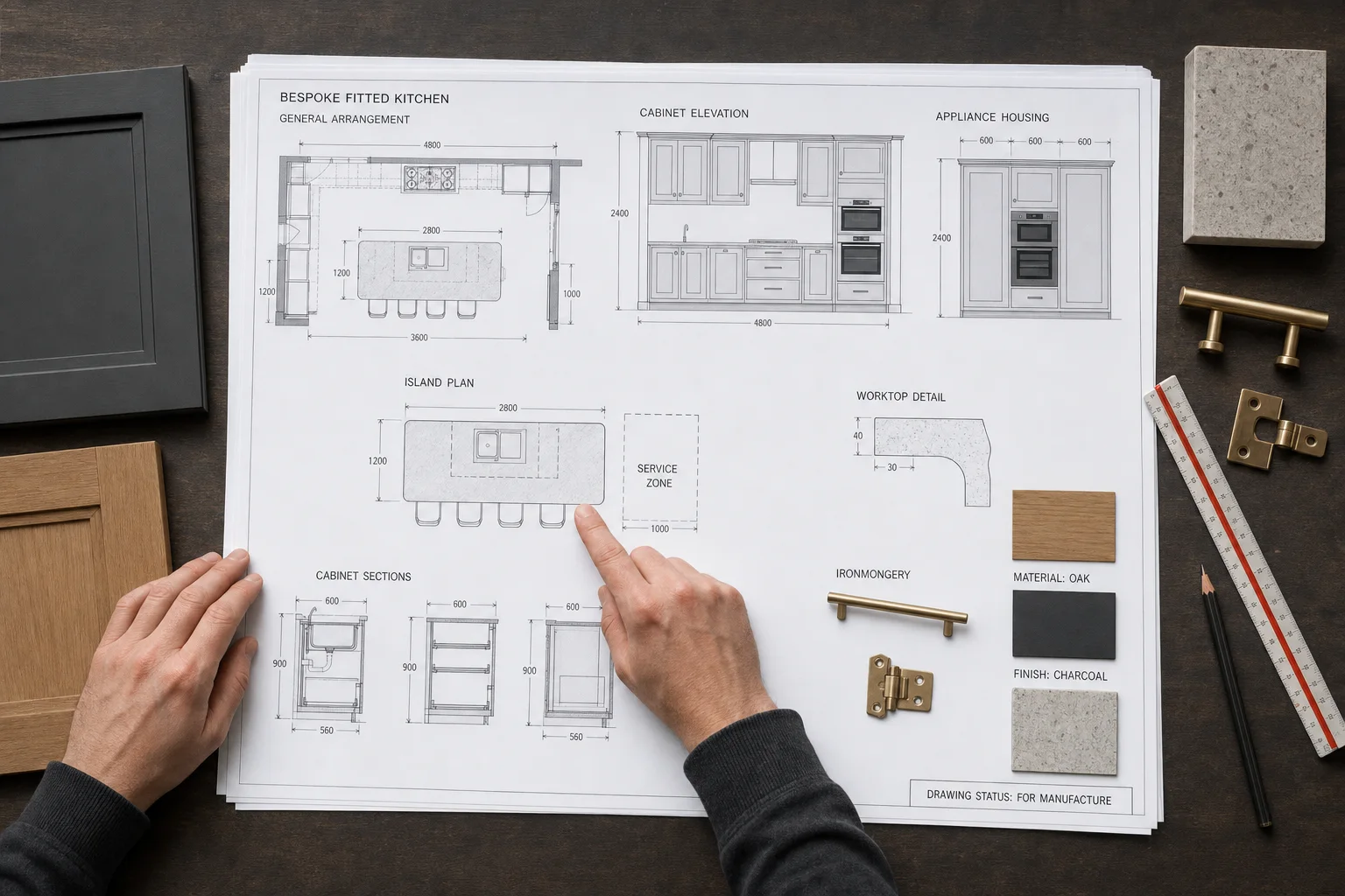 Professional working drawings for a bespoke fitted kitchen showing its general arrangement, cabinet elevation, island, appliance housing and worktop details