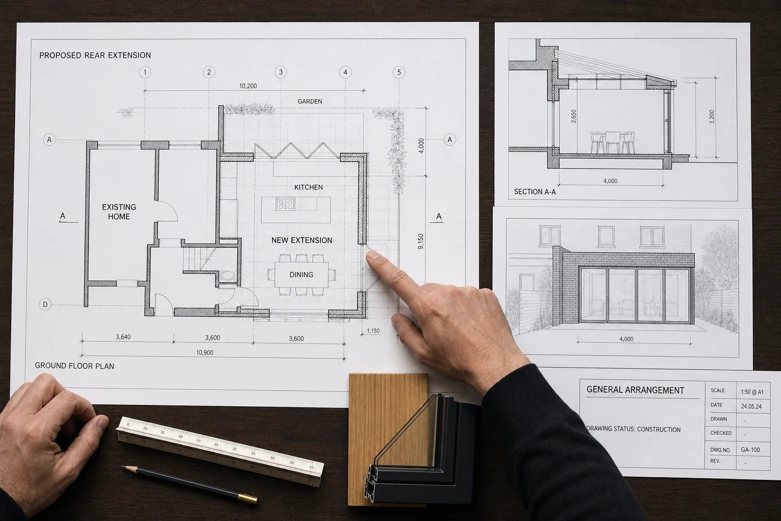 Professional working drawings for a proposed rear house extension showing the floor plan, building section and garden elevation