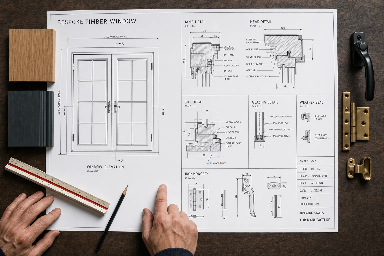 Professional manufacturing drawings for a bespoke timber casement window showing the elevation, jamb, head, sill, glazing and weather-seal details